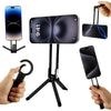 A magnetic phone tripod with a carabiner clip is shown in various configurations and being held by hands.