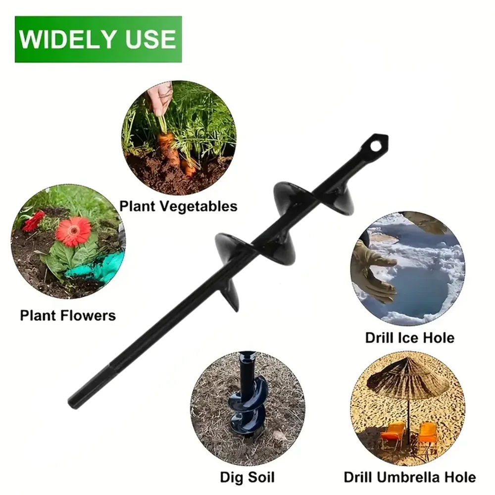A black garden auger tool used for drilling ice holes and digging soil to plant vegetables and flowers.