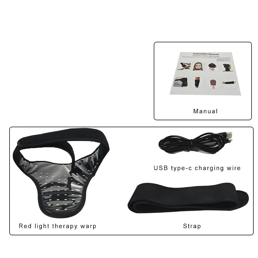 A black therapy strap and USB type-c charging wire are shown with an instruction manual for a red light therapy belt.