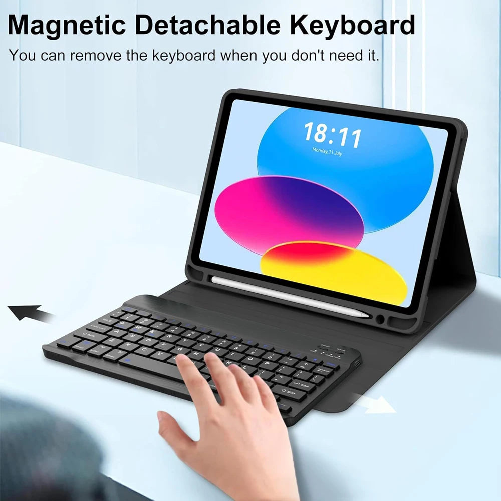 A magnetic detachable keyboard is shown resting on an iPad, demonstrating its ability to be removed.
