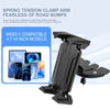Black spring tension clamp arm mount designed to secure mobile phones and tablets in car CD slots.