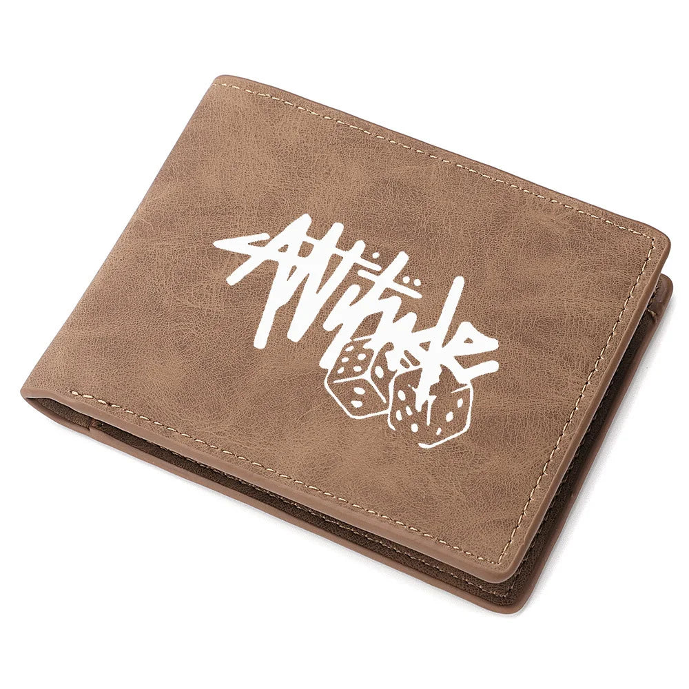 A brown PU leather wallet with white text and dice design shown at an angle.