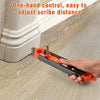 A hand is using an orange and black contour gauge scribe tool to adjust the distance between a profile and a surface.