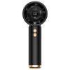 A black portable USB mini handheld fan with a round grille and gold accents.