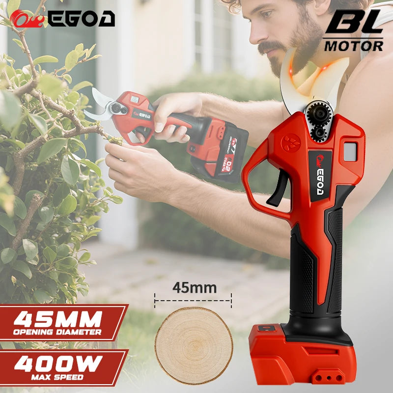A man is using an orange and black cordless electric pruning shear with a 45mm opening diameter on a leafy plant.