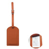 A rectangular brown PU leather luggage tag with a silver clasp and a white information strip.