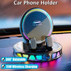 A circular car phone holder with an RGB ambient light, showing 360° rotatability and 15W wireless charging.