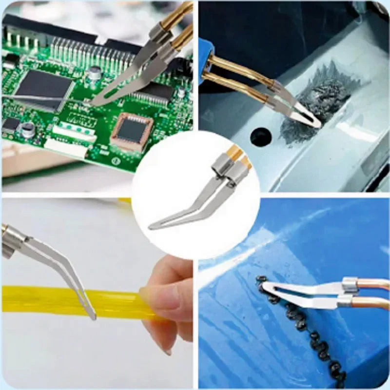 A plastic welding repair kit showing various tools including pliers and smooth tips used for repairs.