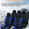 Black and blue universal waistline car seat cover shown on a vehicle interior.