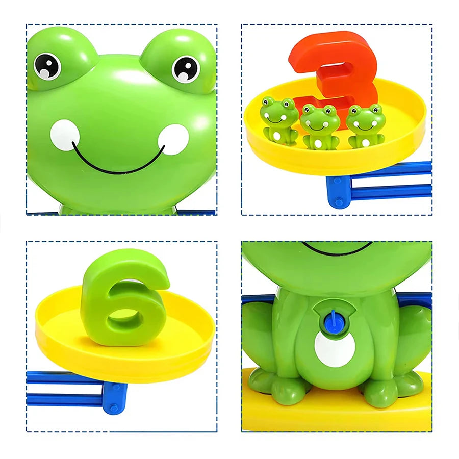 A set of green frog balance toys showing numbers 3 and 6 for addition and subtraction learning.