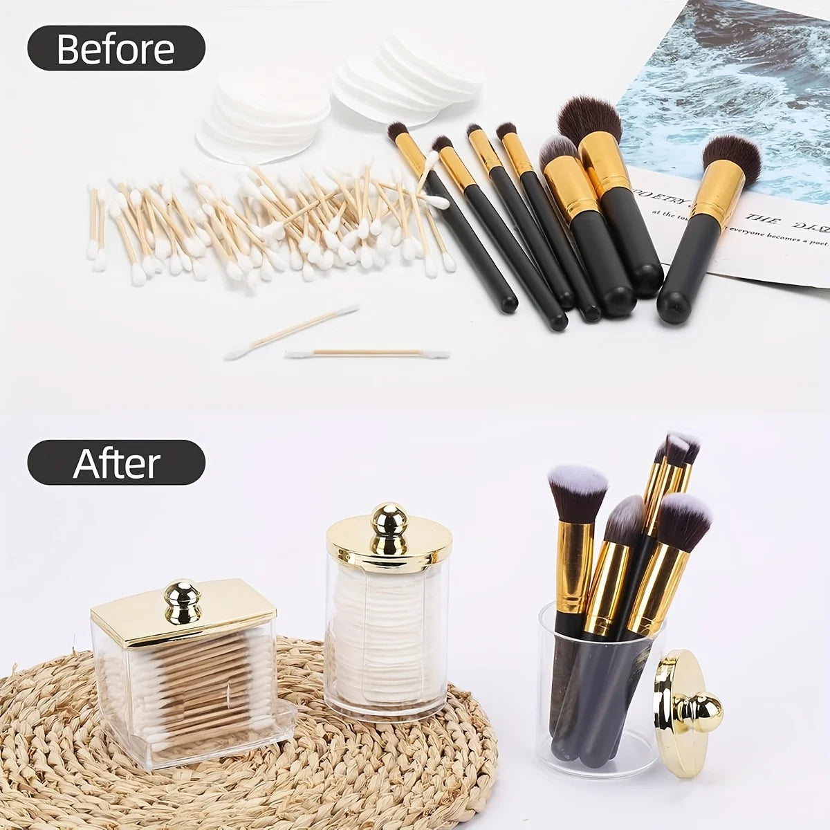 Before and after comparison of cotton balls and swabs, showing a transition to an elegant apothecary jar with a golden lid.