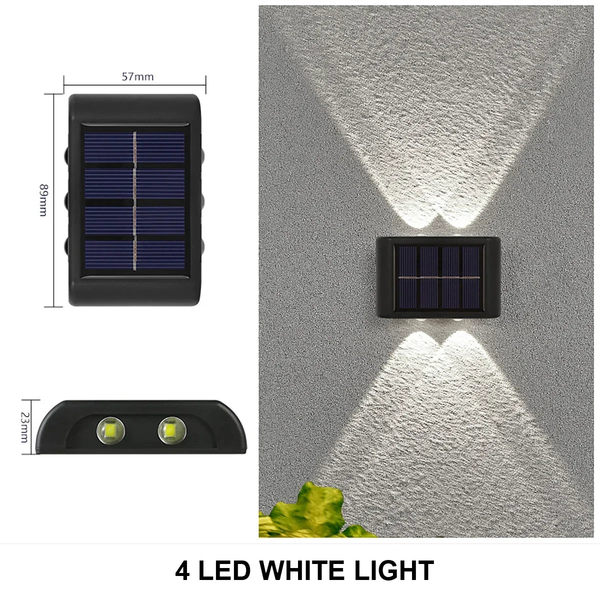A black solar powered wall light with four LED white lights casting an upward and downward illumination on a gray textured wa