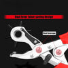 Silver pliers with a dual lever labor-saving design shown in detail.