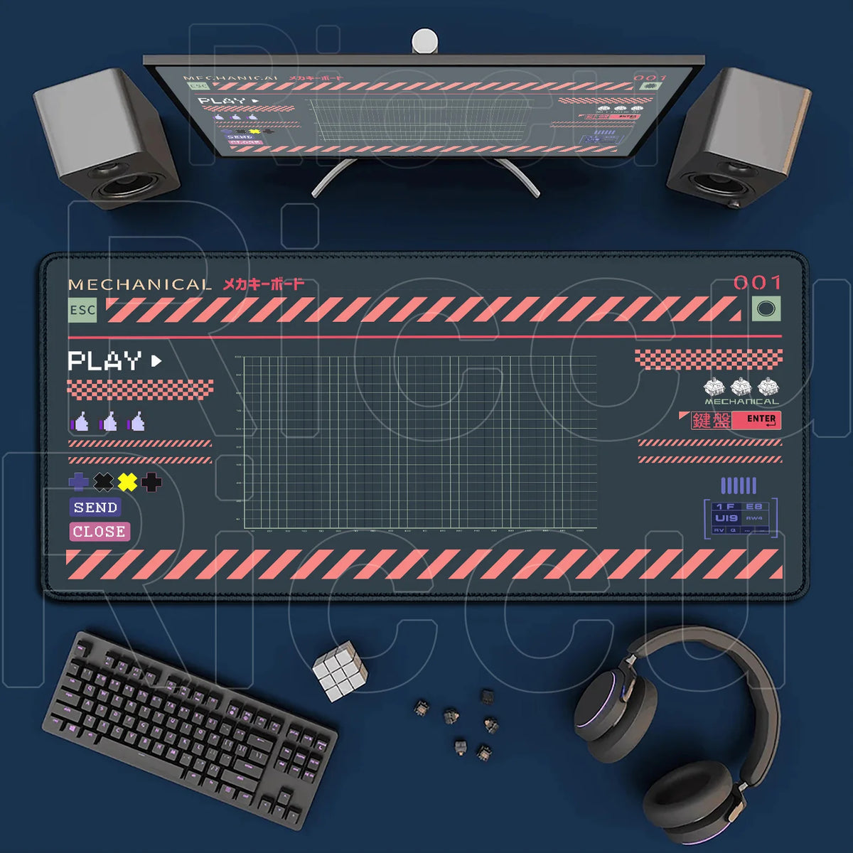 A set of mechanical gaming peripherals including a mouse, keyboard, headset, and large mouse pads on a dark surface.