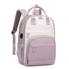 A light purple and white anti-theft laptop backpack with padded straps and pockets.