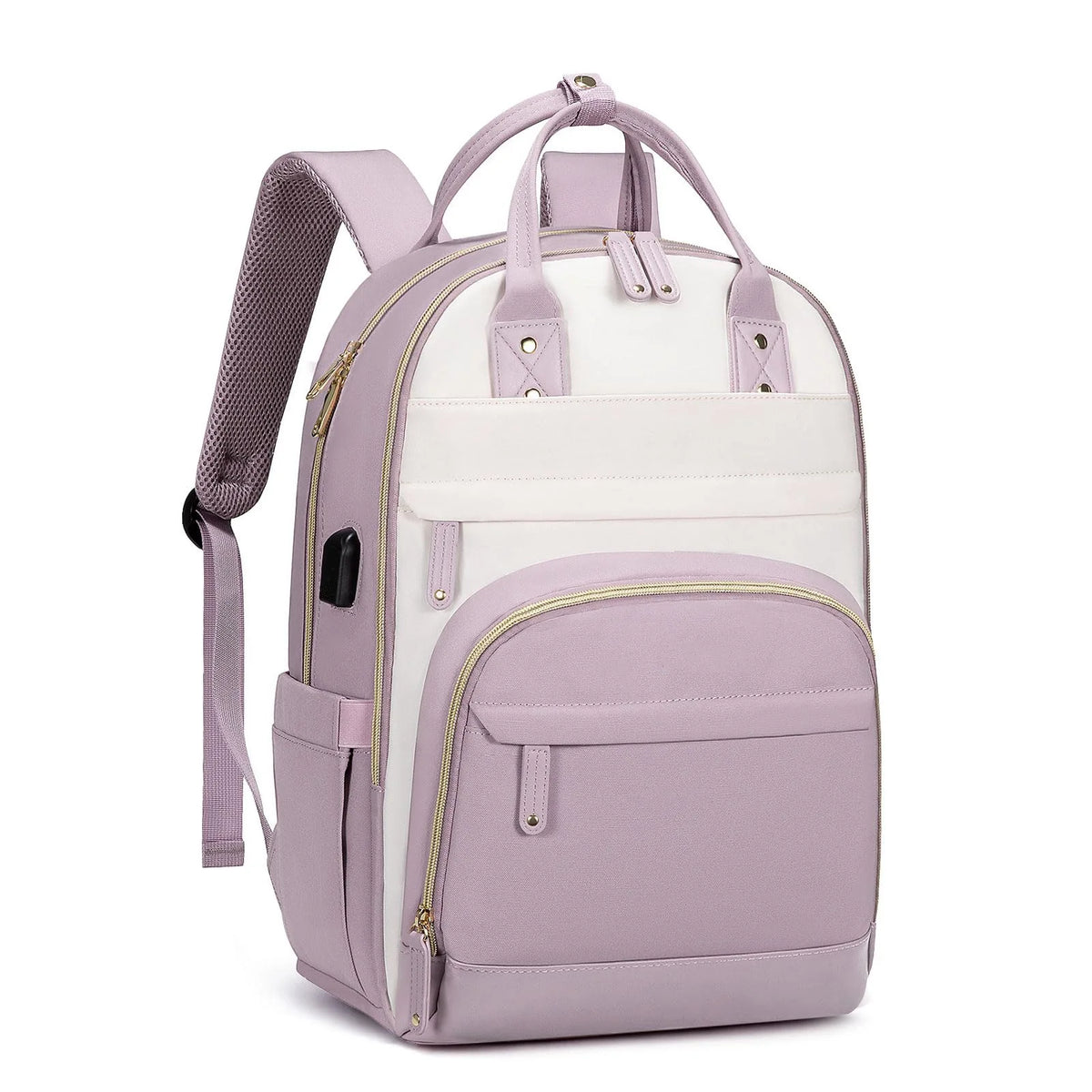 A light purple and white anti-theft laptop backpack with padded straps and pockets.