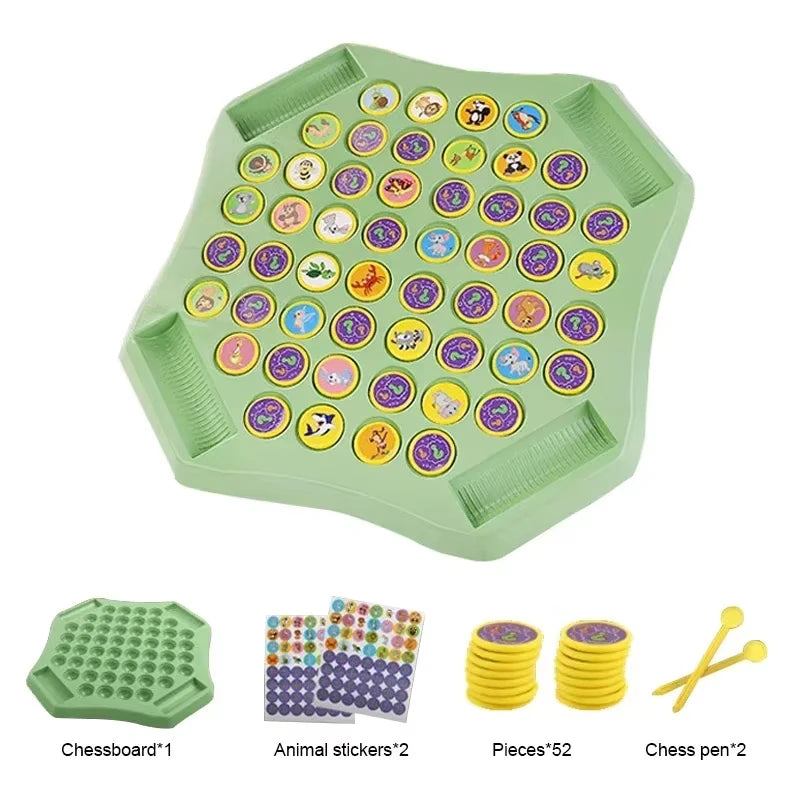 A green plastic chessboard with numerous animal stickers and pieces for a memory game.