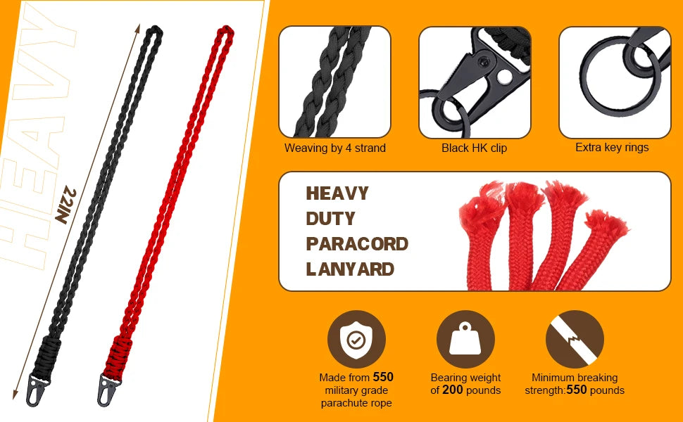 Heavy duty 550 paracord lanyard showing a black and red cord, a black HK clip, and extra key rings.