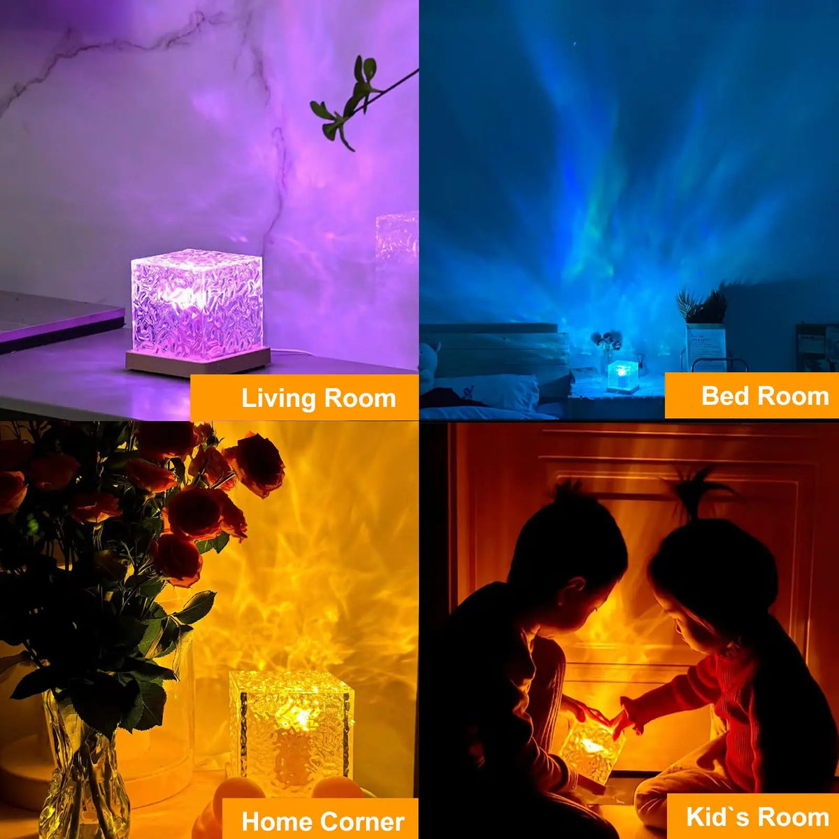 A collection of home decor items including a purple light projector, a blue light display, and a glowing lantern in various r