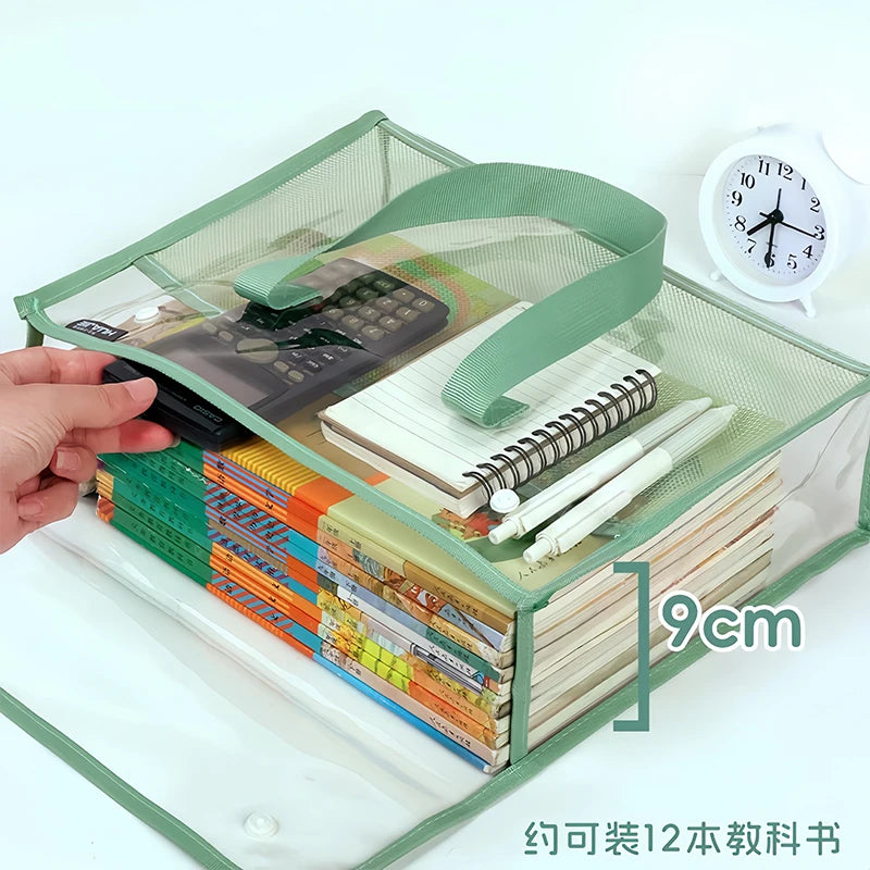 A green waterproof expandable document folder containing various papers and pens.