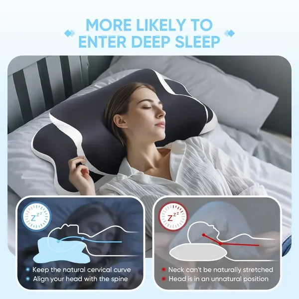 A woman sleeping comfortably with an ergonomic butterfly memory foam neck pillow, showing proper cervical alignment.