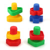 A set of colorful screw and nut building blocks in yellow, green, red, and blue.