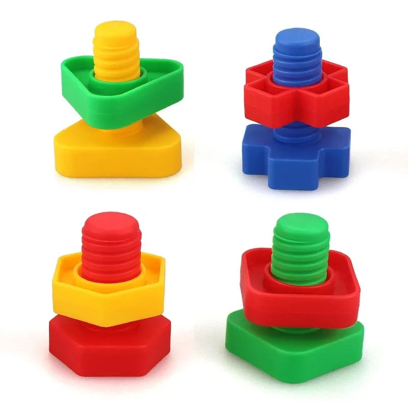 A set of colorful screw and nut building blocks in yellow, green, red, and blue.
