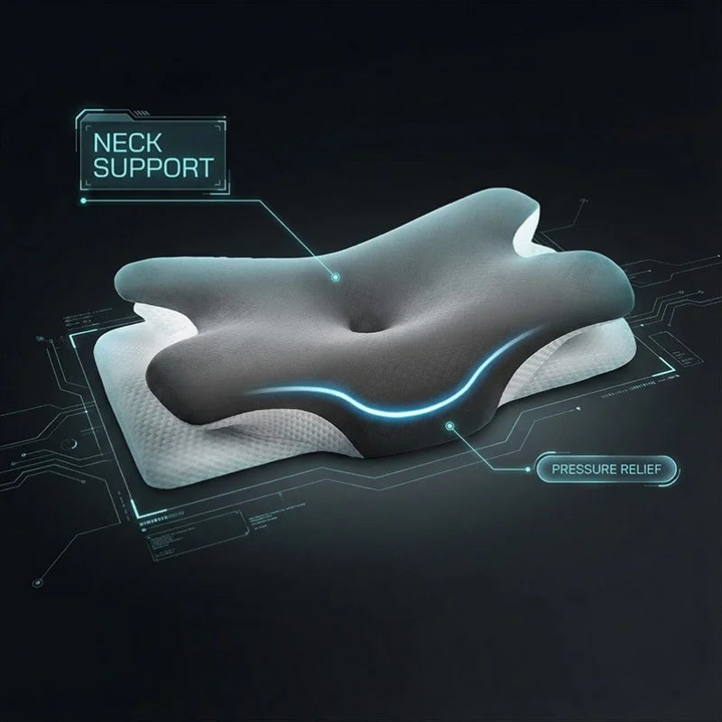Diagramm, das die ergonomische Unterstützung und Druckentlastungsfunktionen eines Memory-Foam-Nackenkissen zeigt.