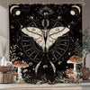 A shower curtain featuring a bold black and white design of a skeleton skull with celestial elements.