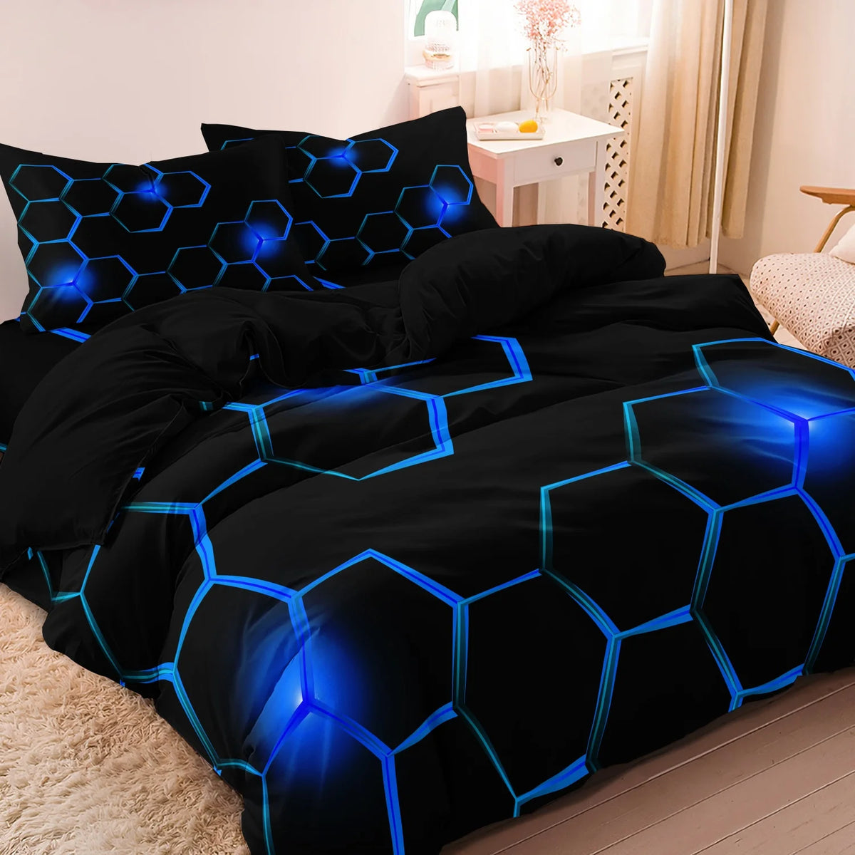 Geometric 3D Hexagonal Honeycomb Duvet Cover Set