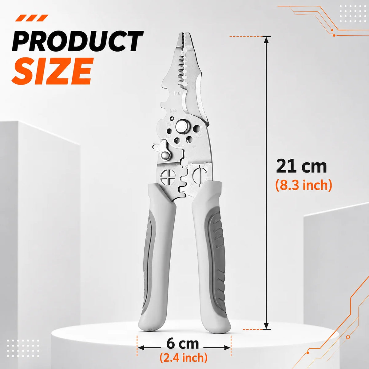 A silver heavy-duty wire stripping pliers is shown standing upright with dimension markings.