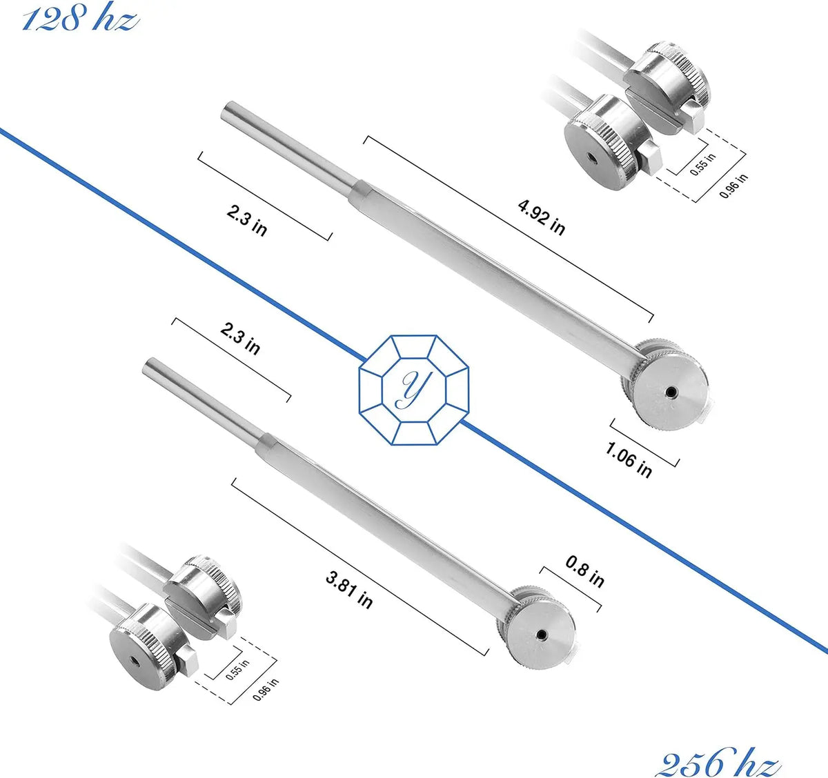 A set of tuning forks with various lengths and weights shown against a blue background.