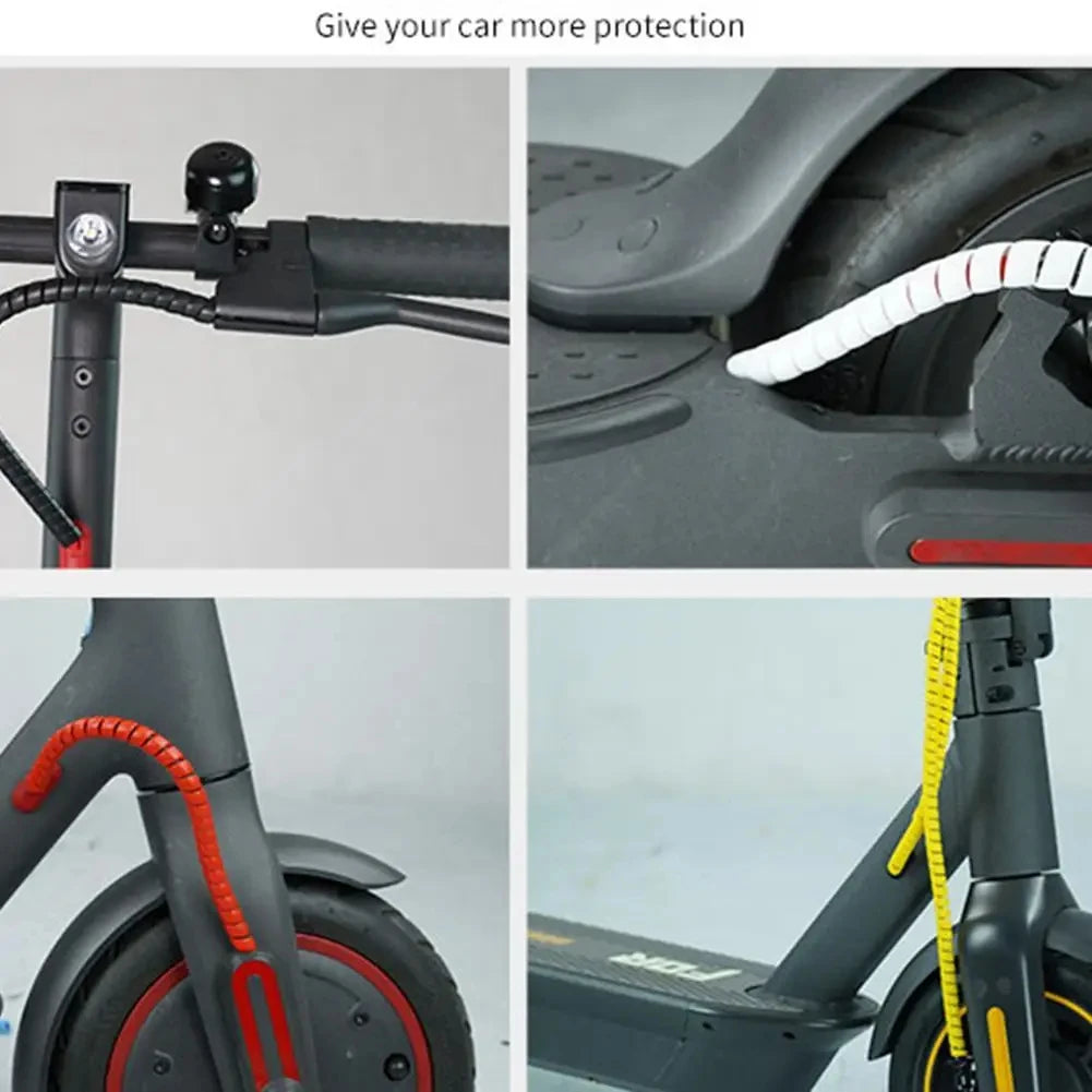 A cable protector sleeve is shown being installed on the wheel area of a scooter.