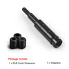 A black aluminum shift knob extension and three adapters for a Honda shift knob.