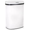 A white automatic touchless trash can with a black rim and a small blue light indicator.
