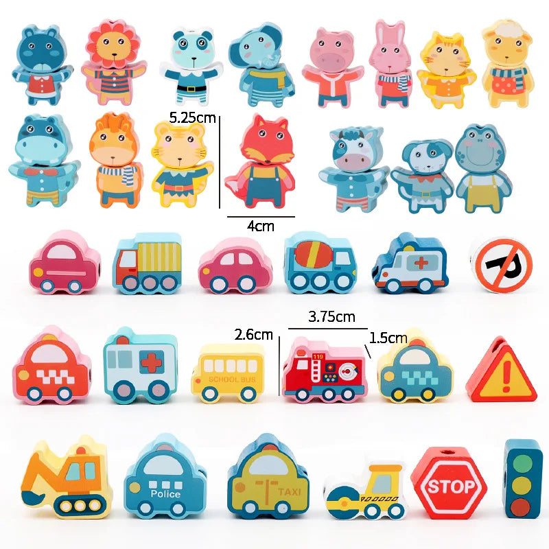 Wooden Lacing Beads Set for Kids with Animal, Fruit, Letter & Number Shapes