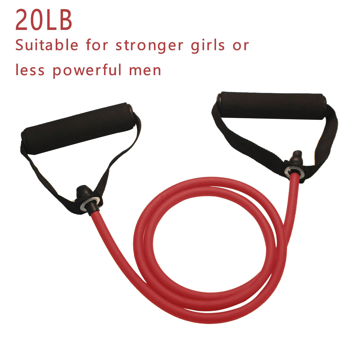 A set of red resistance bands with black handles coiled together for home workouts.