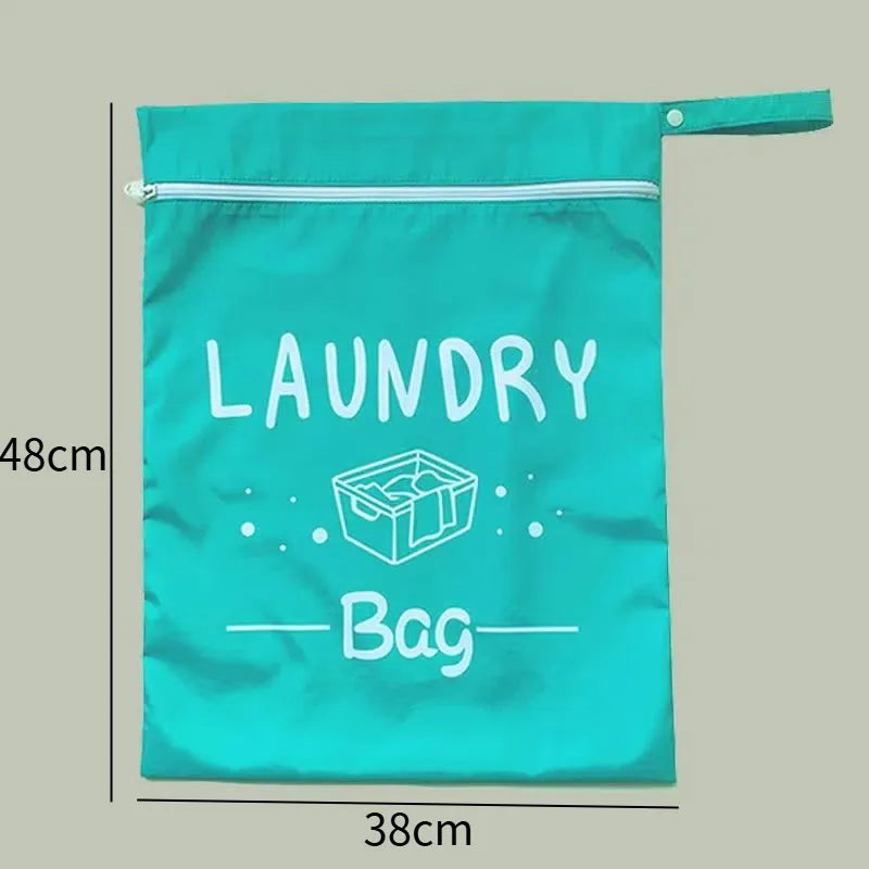A teal waterproof laundry bag with a zipper, labeled Laundry Bag.