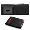 Black slim leather bifold wallet with RFID protection features shown in two views.