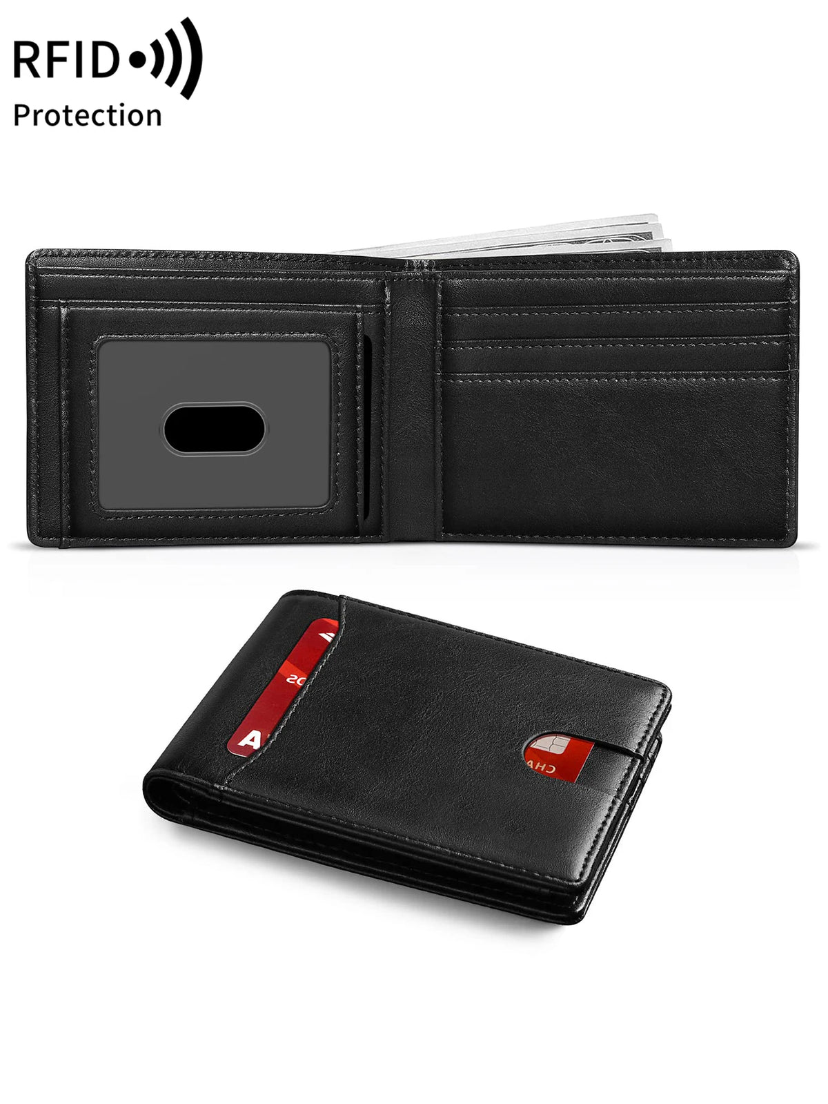 Black slim leather bifold wallet with RFID protection features shown in two views.