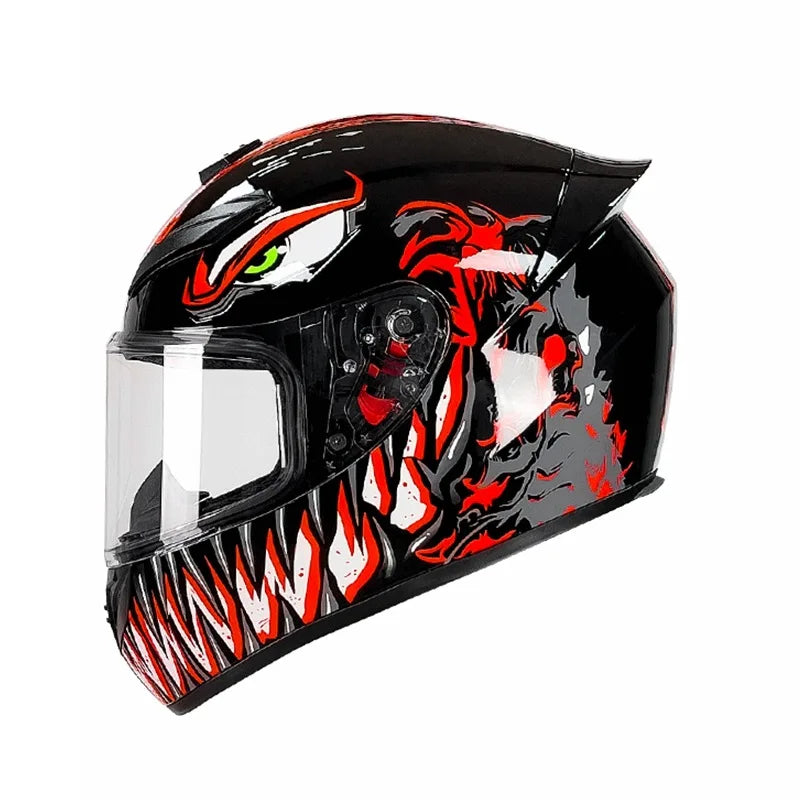 A black full-face motorcycle helmet featuring a fierce red and white dragon design with glowing green eyes.