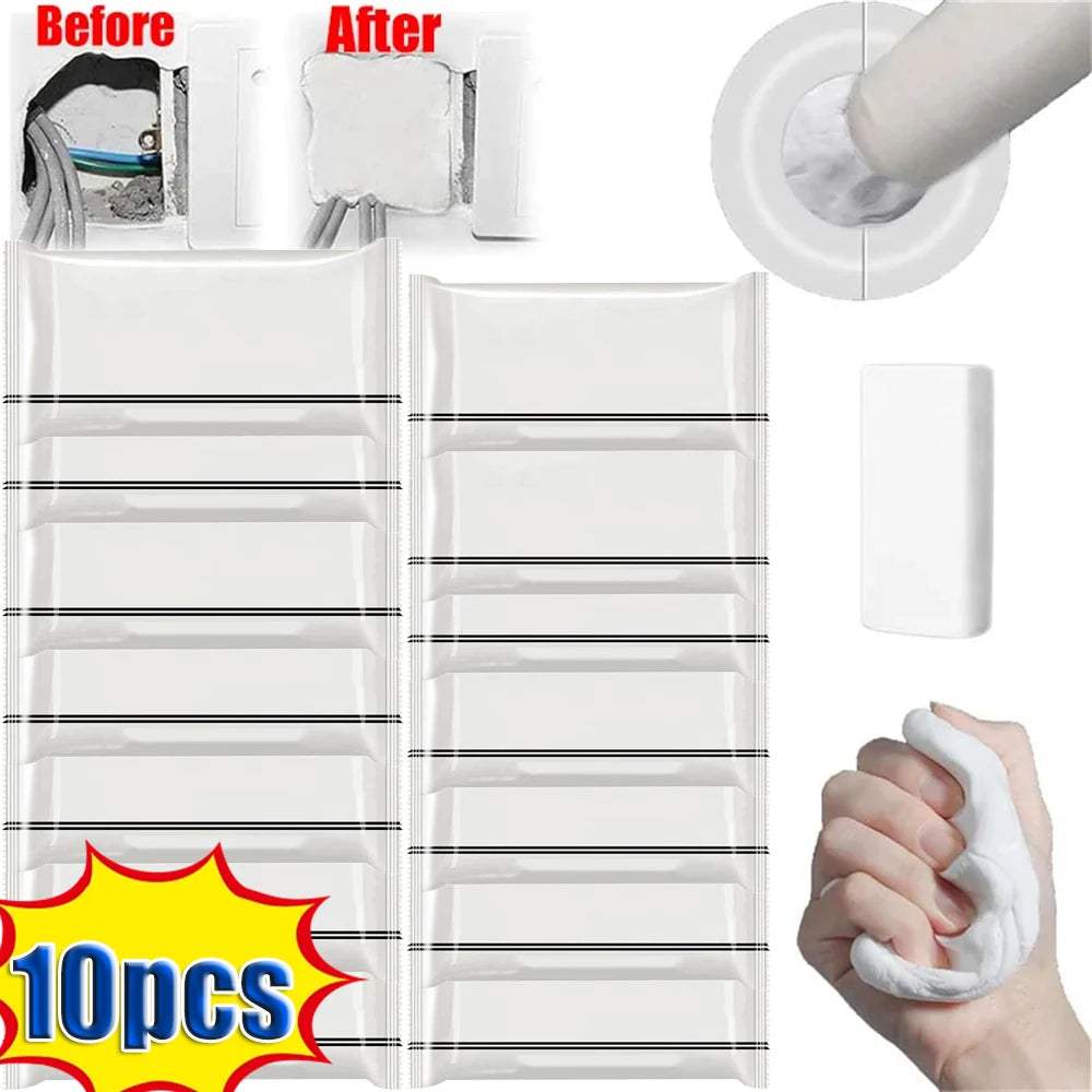 Before and after comparison of moldable waterproof sealing clay used for AC holes, pipes, and wall gaps