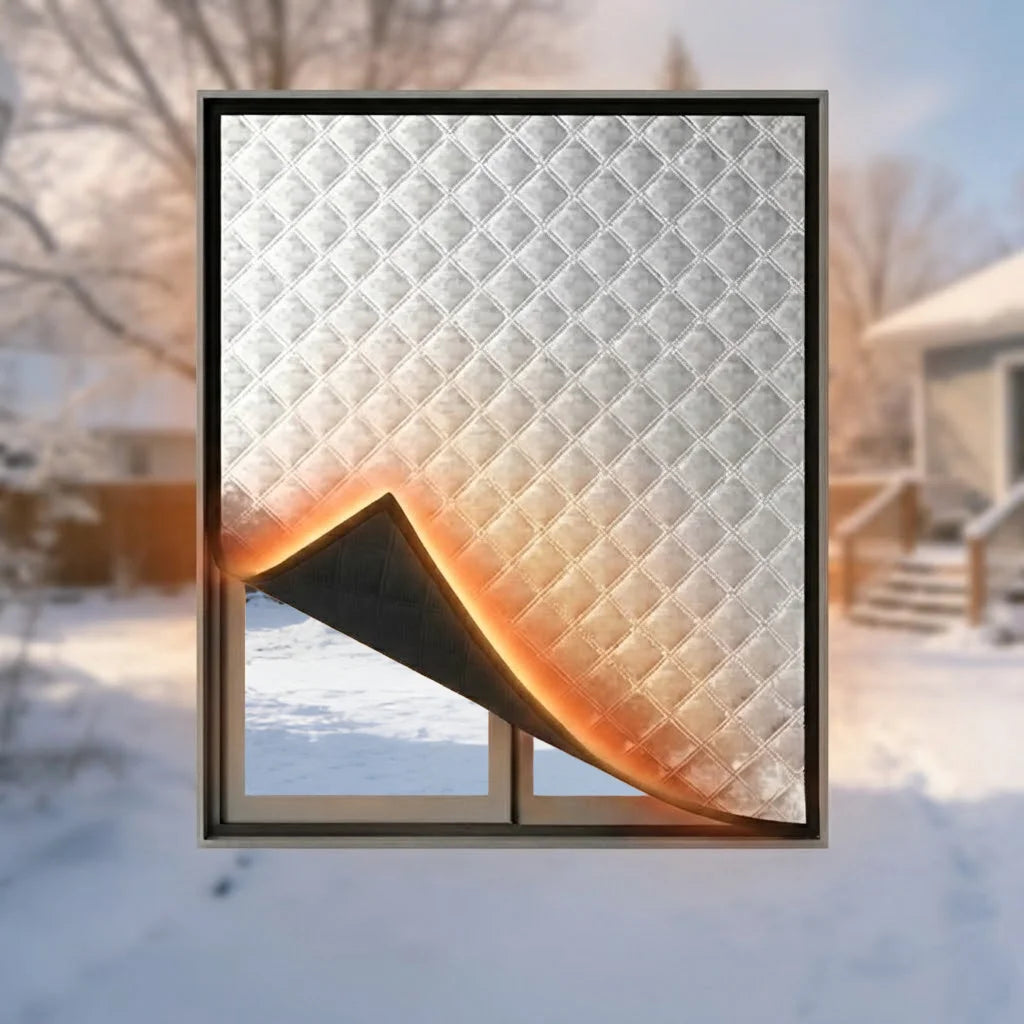 A thermal insulated door curtain featuring a diamond-patterned fabric with a sunburst design, installed in a window frame.