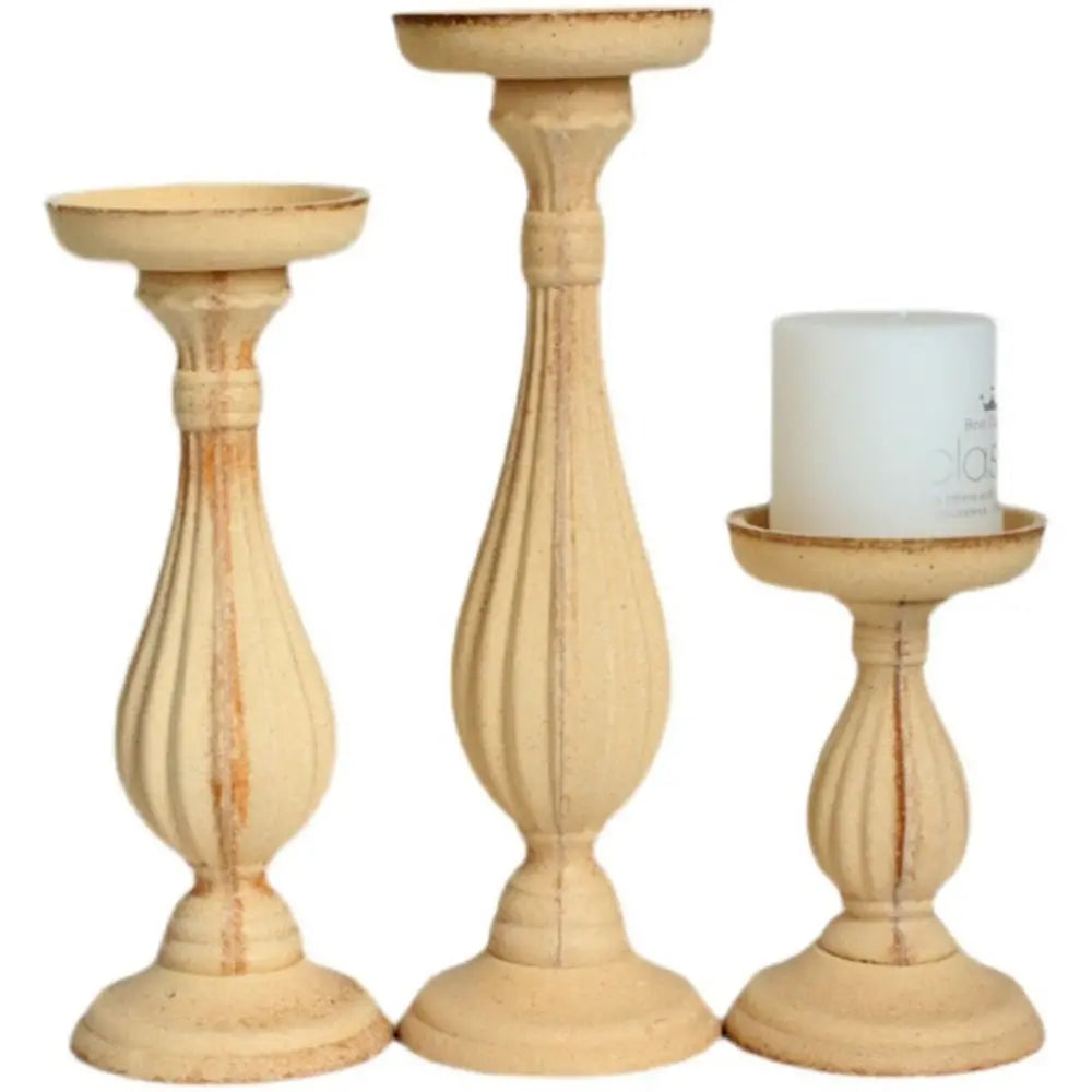 Set of 3 Wooden Candlestick Holders - Antique Style Decor