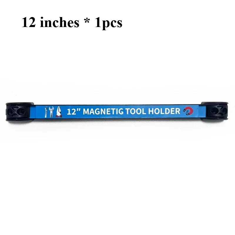 A blue magnetic tool holder strip measuring 12 inches, designed to hold tools.