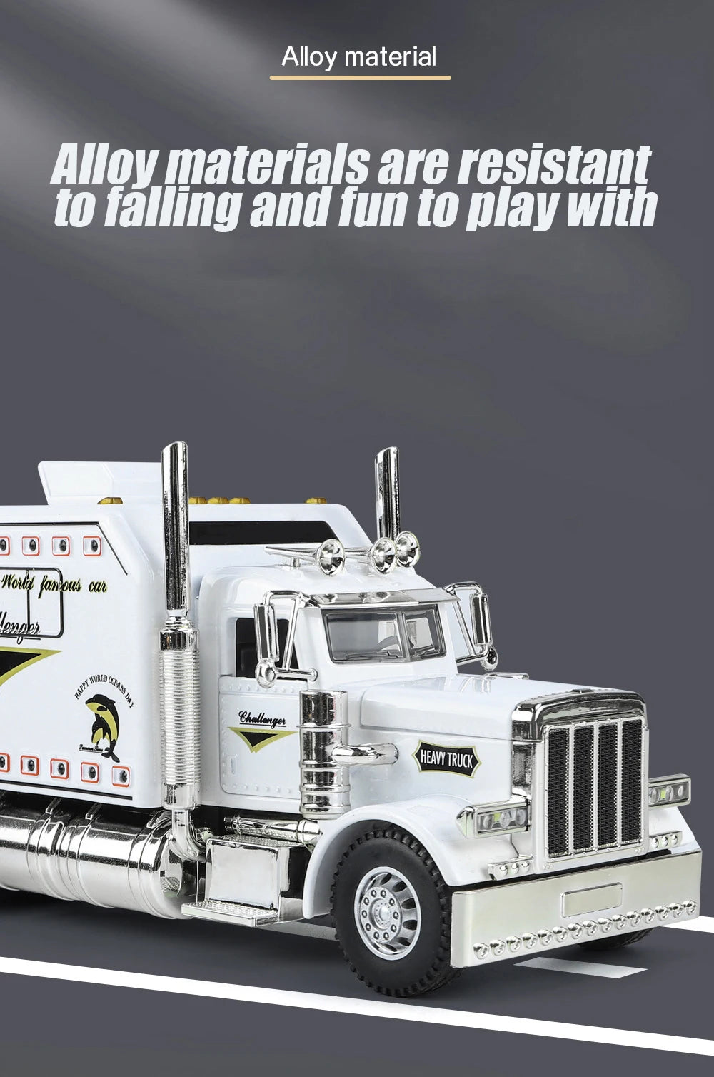 A white 1:24 scale diecast Peterbilt 389 heavy truck model with pull-back action, sound, and lights.