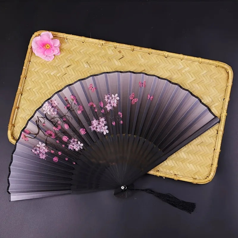 Vintage Floral Hand Fan with Cherry Blossom Artwork