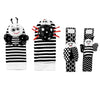 A set of soft baby rattles featuring a black and white striped fabric with attached wrist and foot finders.