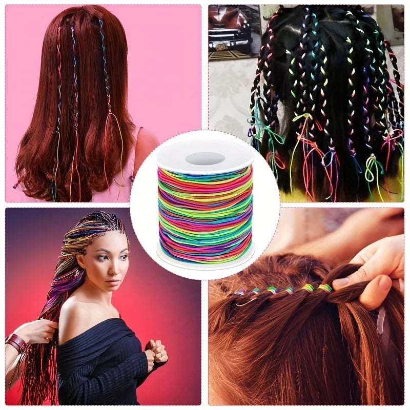 Rainbow elastic cord for jewelry making shown in various colors and a spool.