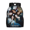 A black canvas daypack backpack featuring a collage of female faces and the name KATSEYE on the front.